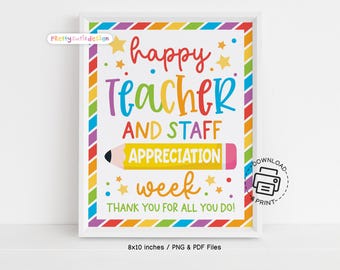 Teacher and Staff Appreciation Week Sign Printable, Rainbow Pencil Thank You Poster, School Office Decor, Instant Download for Teachers