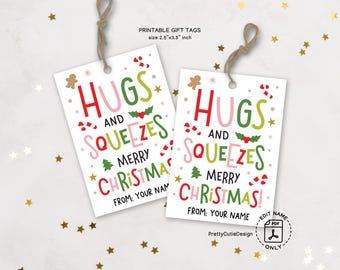 Christmas Gift Tags, Hugs and Squeezes Printable, Holiday Treat Bag Wrapping Labels