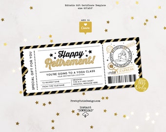 Yoga Class Surprise Tickets, Retirement Certificate Template, Retirement Gift for Woman, Yoga Gift for Women Editable Ticket