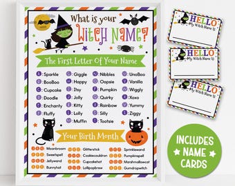 Witch Name Game Printable Poster: Halloween Party Activity with Name Cards, PDF Download
