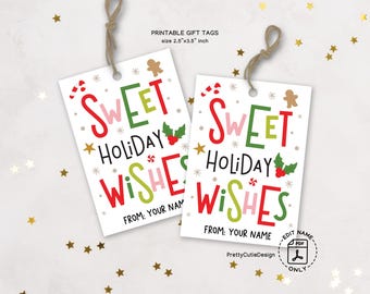 Sweet Holiday Wishes Tags, Printable Christmas Label, Candy Cookie Treat Bags