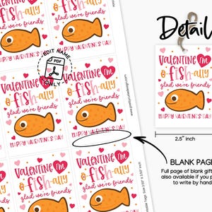 O-fish-ally awesome Valentine’s Day printable tag design showing a cartoon fish in soft pink tones, surrounded by red and blush hearts and hand-drawn fonts, used as a favor label clipped to treat bags for kids, classmates, or team parties.