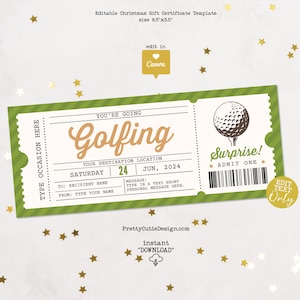 Modelo de certificado de presente de golfe, bilhete surpresa de viagem de golfe, modelo de bilhete de golfe, vale-presente de viagem de golfe, bilhete surpresa imprimível