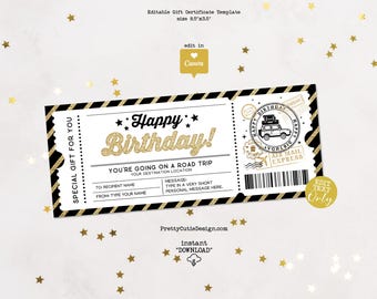 Road Trip Gift Certificate Editable Template, Birthday Surprise Ticket, Trip Reveal Gift Voucher Printable, Birthday Coupon Template
