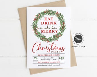 Christmas Party Invitation Template: Watercolor Wreath, Editable Canva, 5x7 Printable (Digital)