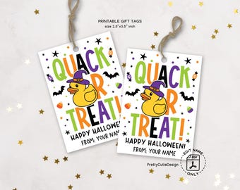 Printable Halloween Treat Bag Tags, Quack or Treat, Rubber Duck Favor Tags for Kids, Classmates, Non Candy School and Classroom Treat Bags