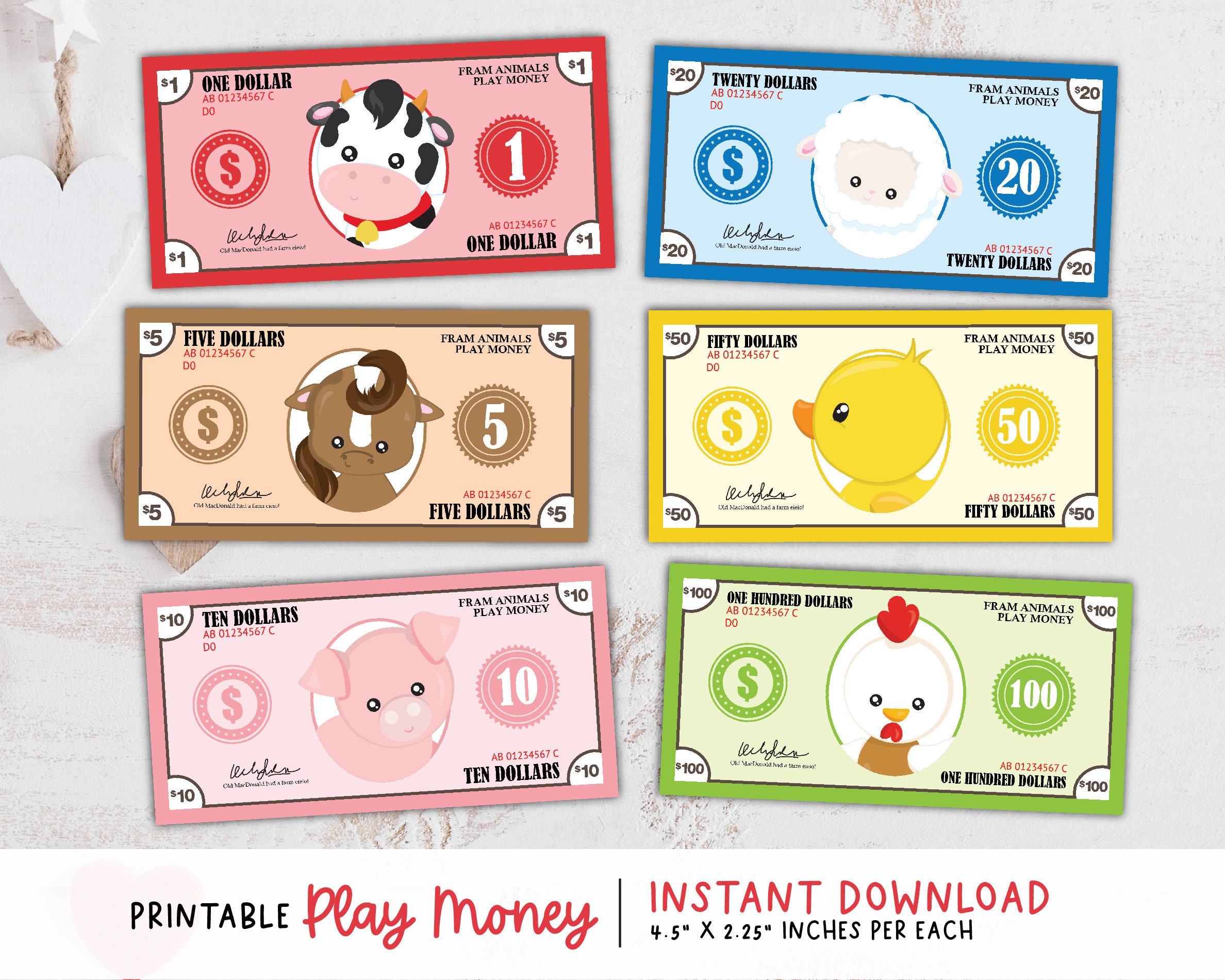 farm animals play money printable farm animals bucks fake etsy