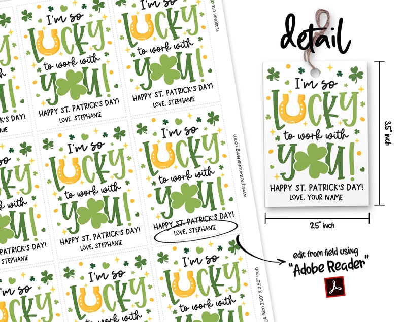 Happy St Patricks Day Printable Gift Tags, Lucky To Work With You Co-Worker Gift Tag, Staff Thank You St Pattys Day Coworker Thank You Tag