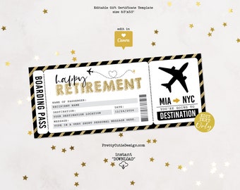 Boarding Pass Retirement Surprise Ticket, Retirement Gifts, Weekend Getaway Voucher, Surprise Trip Reveal Retirement Gift Voucher Editable