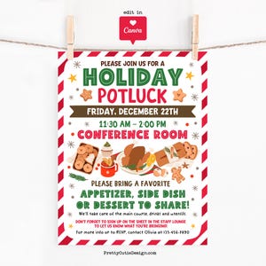 Może przedstawiać: Świąteczne zaproszenie na spotkanie towarzyskie, wydrukowane na białym papierze z czerwono-białą obwódką w paski. Zaproszenie zawiera tekst, taki jak "Holiday Potluck" i "Friday, December 22th". Projekt zawiera ilustracje jedzenia i ikon świątecznych.