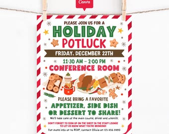 Holiday Potluck Flyer, Canva Template, Office or School Christmas Party Poster