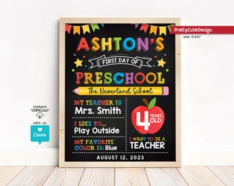 First Day of School Sign, Editable and Reusable Back to School Sign Template, Colors of The Rainbow First Day of Preschool Chalkboard Sign