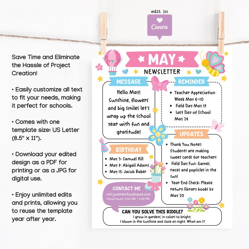 May Classroom Newsletter Template: Editable Spring Teacher Updates ...