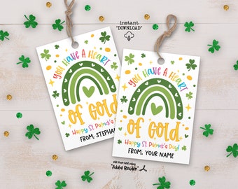 St Patricks Day Heart Of Gold Printable Favor Tags, Rainbow St Patricks Gift Tag, Teacher Appreciation Tag, St Pattys Day Thank You Gift Tag