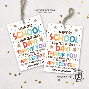 Etiquetas de agradecimento para bibliotecários escolares, etiquetas de presente de agradecimento para professores de biblioteca, etiquetas de presente para impressão para PTO PTA para o Dia de Agradecimento ao Bibliotecário