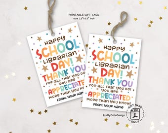 School Librarian Thank You Tags, Library Teacher Appreciation Gift Tags, Printable PTO PTA Gift Tags for Librarian Appreciation Day