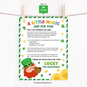May include: A festive St. Patrick's Day themed print with a green border, featuring text that reads "A Little Magic Just For You!" and a cartoon leprechaun with a pipe. The print includes shamrocks, gold coins, and a horseshoe.