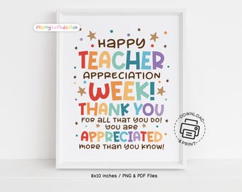 Teacher Appreciation Week Sign Printable, Thank You Teacher Poster, Colorful Classroom Staff Lounge Decor, You Are Appreciated Sign