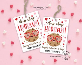 Chip Chip Hooray Valentine Printable Cookie Tag, Valentine Cookie Favors Treat Bag Tags, Classroom Valentine Exchange Valentines Treat Tag