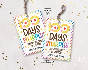 100 Days Sharper! Happy 100 Days Of School Printable Tag, Kids Classroom Party 100 Days Gift Tag, Teacher Resources Pencil Gift Tag