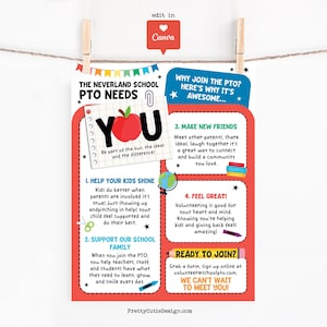 School PTO PTA Recruitment Flyer Template, Editable PTO Volunteer Sign Up Poster Canva, Printable Parent Teacher Organization Join Us Flyer