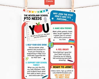 School PTO PTA Recruitment Flyer Template, Editable PTO Volunteer Sign Up Poster Canva, Printable Parent Teacher Organization Join Us Flyer