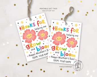 Grow and Bloom Mother's Day Gift Tag Printable, Cute Flower Gift Tags for Mom, Mother's Day Tag from Kids, Instant Download PDF