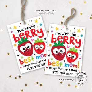 Beere Best Mom Geschenkanhänger zum ausdrucken, niedliche Erdbeere Muttertag Tags für Kinder, Obst Wortspiel Geschenkanhänger für Mama, Instant Download DIY