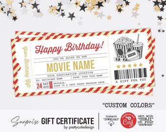 Christmas Movie Ticket Gift Certificate Template Surprise - Etsy