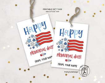 Memorial Day Gift Tag Printable, Editable PDF Tag, Patriotic Stars and Stripes, DIY Party Favor Tags, Red White and Blue Design