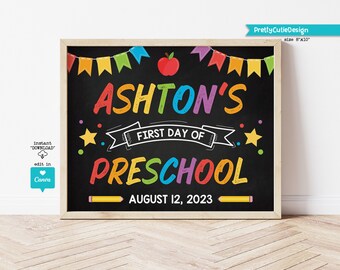 Editable First Day of Preschool Sign Template, Personalized Back to School Photo Prop, Printable First Day of School, Instant Download