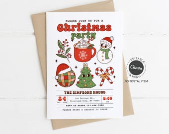 Christmas Party Invitation Template Kawaii Doodle: Editable Canva, Printable 5x7 (Digital)