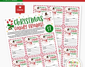 Christmas Candy Gram Cards, Canva Template, School PTO Holiday Fundraiser Form