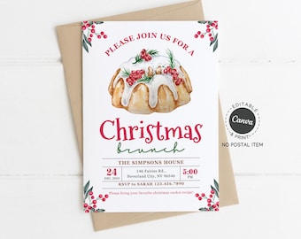 Christmas Brunch Invitation Template, Bundt Cake Watercolor, Editable Canva, 5x7 Printable