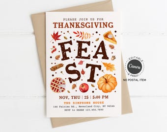 Thanksgiving Feast Invitation Printable: Fall Dinner Party Invite Template for Friendsgiving or Family Gathering