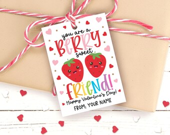 Strawberry Valentine Gift Tag Printable, Berry Sweet Friend, Treat Bag Label, Digital Download