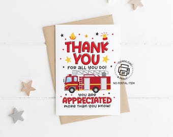 Firefighter Thank You Card Printable, Firefighter Appreciation Card, Firefighters Day Greeting Card, Fire Truck Thank You Card