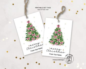 Merry Christmas Gift Tags, Watercolor Tree with Pink Bows, Elegant Wrapping Labels