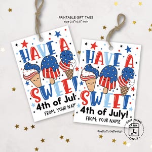 4. Juli Geschenkanhänger zum ausdrucken, haben einen süßen 4. Juli Tag, niedliches Vaterländischen Eis Thema, rote weiße blaue Sterne, Party Favor Tag