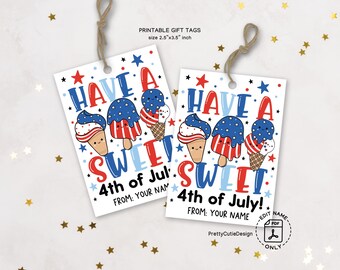 4th of July Gift Tag Printable, Have A Sweet 4th Of July Tag, Cute Patriotic Ice Cream Theme, Red White Blue Stars, Party Favor Tag