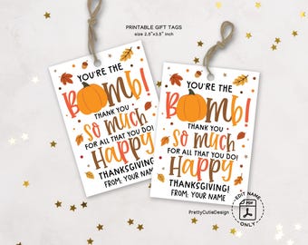 Thanksgiving Gift Tags Printable - Pumpkin Bomb Favor Labels for Coworker and Teacher Appreciation