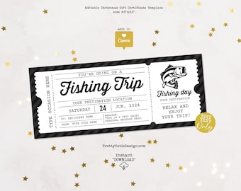 Fishing Gift Certificate Template, Birthday Fishing Trip Ticket Template, Surprise Trip Ticket Voucher Template, Anniversary Gift For Him