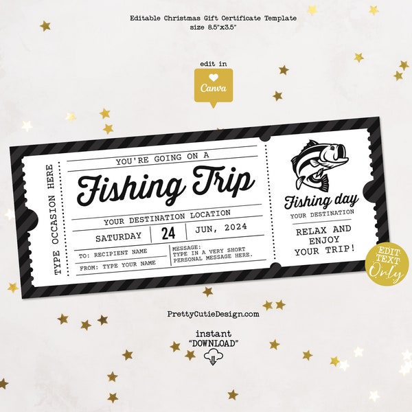 Fishing Gift Certificate Template, Birthday Fishing Trip Ticket Template, Surprise Trip Ticket Voucher Template, Anniversary Gift For Him