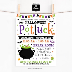 Halloween Potluck Einladung Vorlage: Bearbeitbarer Canva Flyer für Office Party und Coworker Gathering