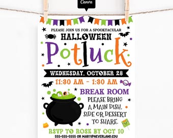 Halloween Potluck Invitation Template: Editable Canva Flyer for Office Party and Coworker Gathering