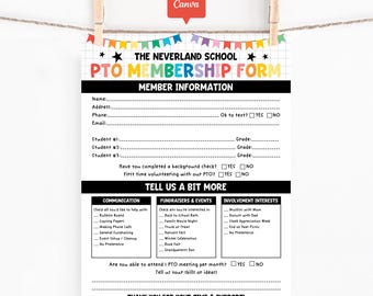 School PTO/PTA Membership Form Template, Editable Parent Teacher Organization Volunteer Sign Up Sheet, Printable PTA Membership Form Canva