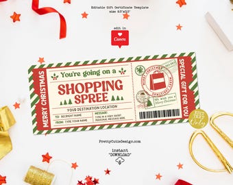 Shopping Spree Christmas Gift Certificate Template Printable, Editable Shopping Day Gift Voucher, Christmas Surprise Ticket Coupon