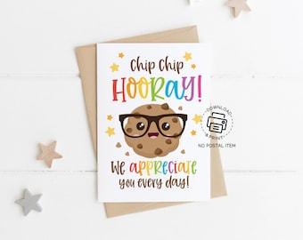 Chip Chip Hooray Teacher Appreciation Card Printable, Cute Cookie Thank You Note, Fun Gift for Teacher Week, Instant Download