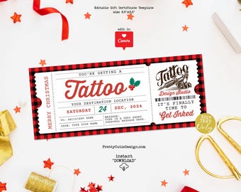 Tattoo Gift Certificate Template, Christmas Gift Ticket Template, Tattoo Voucher from Santa, Personalized Gift Printable Surprise Christmas