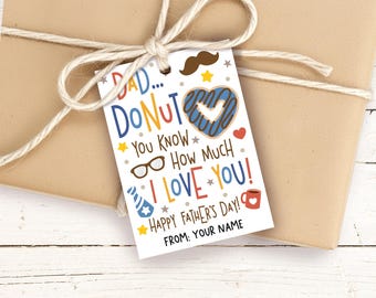 Etiqueta de regalo imprimible para el Día del Padre con juego de palabras sobre donas para papá de parte de los niños, descarga digital.